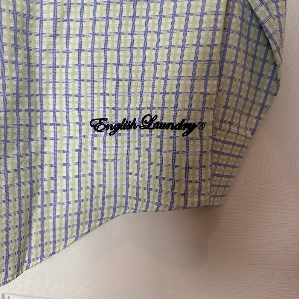 English Laundry Blue White Green Dress Shirt 16 1/2 34 - 35 Embroidered Logo LG - Picture 7 of 16
